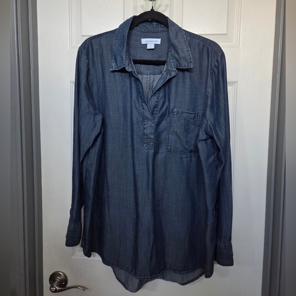 Chambray Dark Blue Long Sleeve Top Western Contemporary Rodeo Boho Denim Large